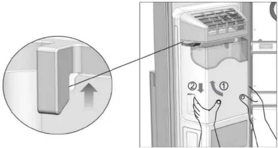 Diagram showing air conditioner unit with labeled parts and directional arrows indicating airflow or movement