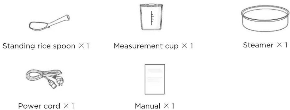 Standing rice spoon × 1 Measurement cup × 1 Steamer × 1 Power cord × 1 Manual × 1