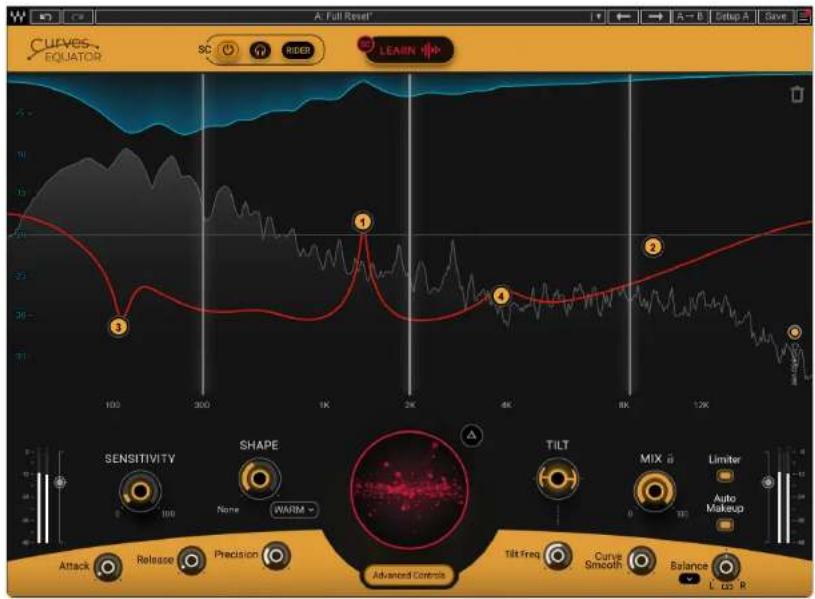 A: Full Reset SC RERB LEARN Curves EQUATOR 100 300 1K 2K 4K 8K 12K SENSITIVITY SHAPE TILT MIX a Limiter Auto Makeup Attack Release Precision Advanced Controls Tilt freq Curve Smooth Balance L 123 R