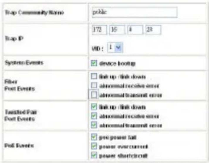 Trap Community Name public Trap IP 172 15 4 23 WD: 1 System Events ✓ device booting Filter Post Events □ link up / link down □ abnormal receive error □ abnormal transmit error Tweisted Post Post Events ✓ link up / link down ✓ abnormal receive error ✓ abnormal transmit error Poll Events ✓ pre power fail ✓ power overcurrent ✓ power shortcircuit