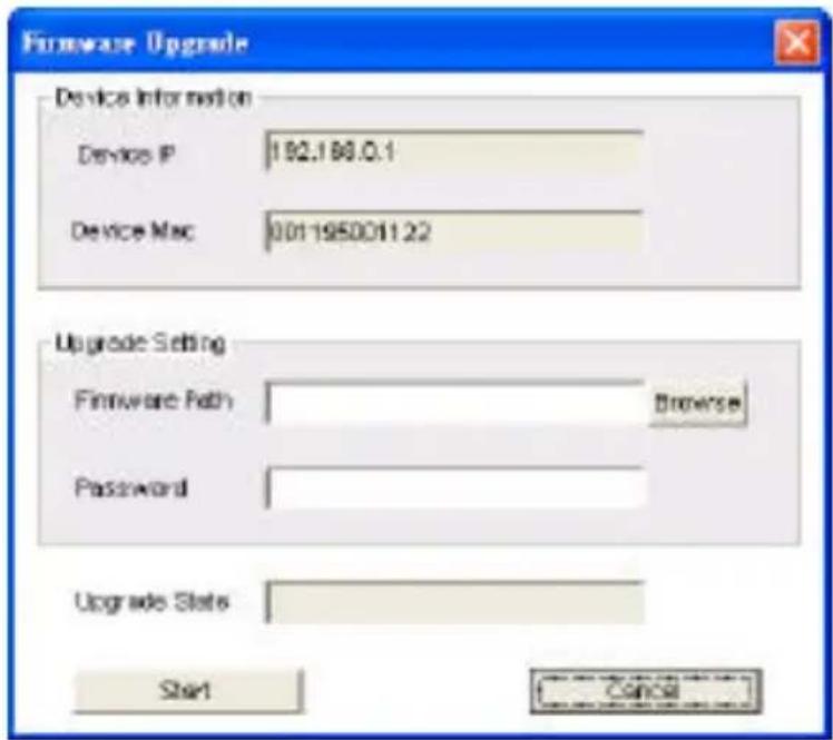 Firmware Upgrade Device Information Device IP 192.160.0.1 Device Mac 001195001122 Upgrade Setting Firmware Path Browse Password Upgrade Status Start Cancel