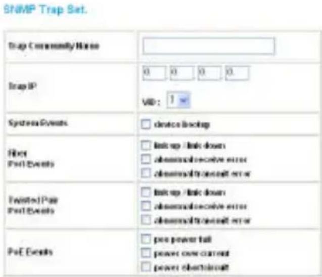 SNMP Trap Set. Trap Community Name: Trap IP 0 0 0 0 VIB: 1 w Systems Events □ device locking Filter Port Events □ link up / link down □ abnormal receive error □ abnormal transmit error Twisted Pair Port Events □ link up / link down □ abnormal receive error □ abnormal transmit error PoE Events □ power fail □ power over current □ power obstockout