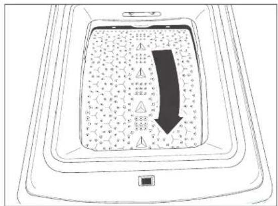Diagram showing a container with labeled zones and directional arrows, possibly indicating flow or movement in a technical or scientific context.