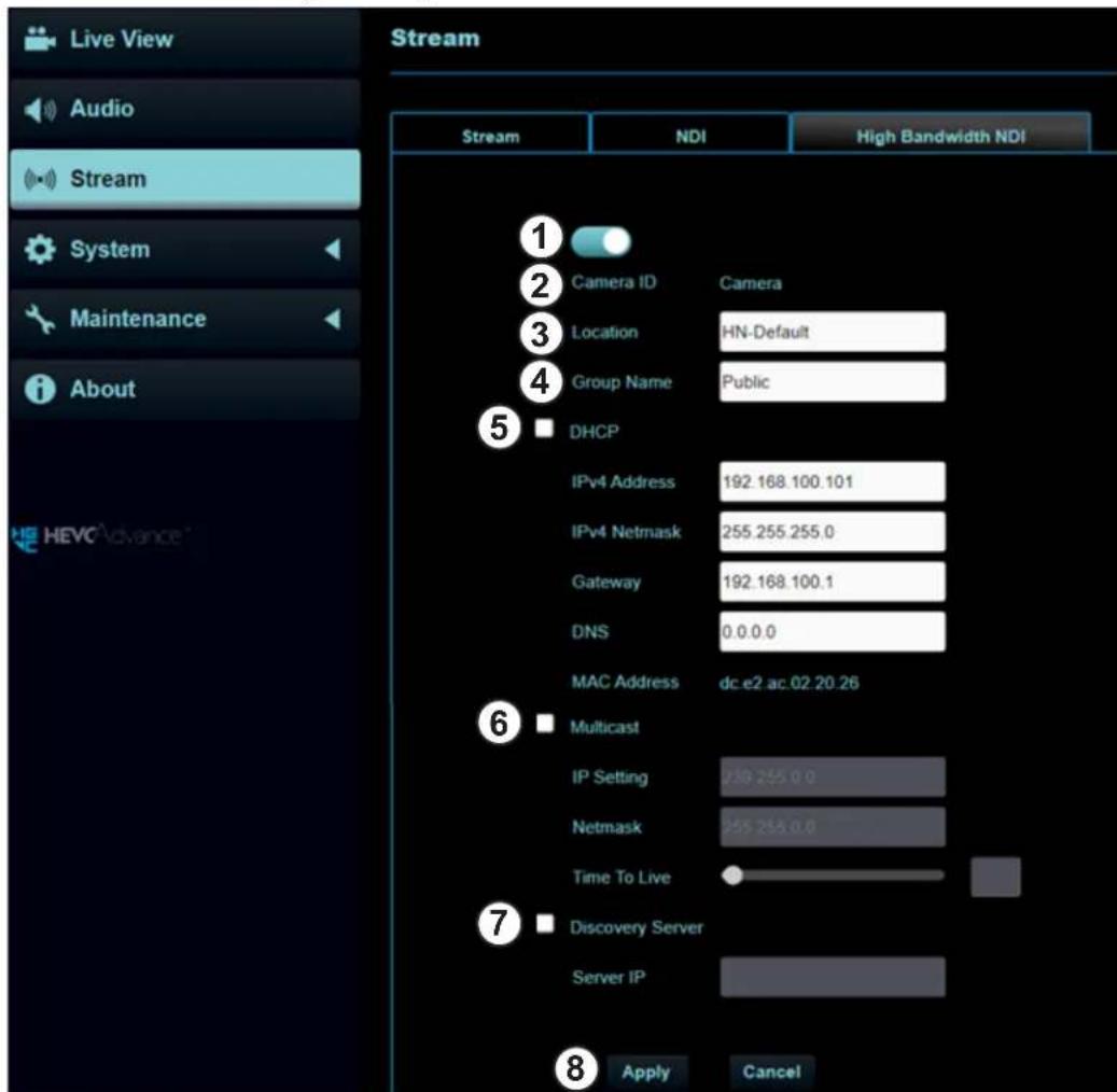 Live View Audio Stream System Maintenance About HEVC Advance Stream Stream NDI High Bandwidth NDI ① ② Camera ID Camera ③ Location HN-Default ④ Galoupe Name Public ⑤ DHCP IPv4 Address 192.168.100.101 IPv4 Netmask 255.255.255.0 Gateway 192.168.100.1 DNS 0.0.0.0 MAC Address dc.e2 ac.02.20.26 ⑥ Multicast IP Setting 239.255.0.0 Netmask 255.255.0.0 Time To Live ⑦ Discovery Server Server IP ⑧ Apply Cancel