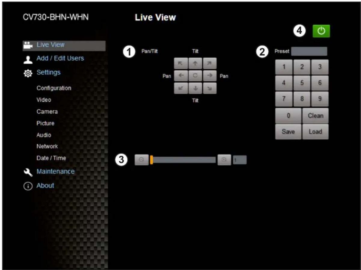 CV730-BHN-WHN Live View Add / Edit Users Settings Configuration Video Camera Picture Audio Network Date / Time Maintenance About Live View ① Pan/Tilt Tilt Pan ← ↑ → Pan ← ↓ → Tilt ② Preset 1 2 3 4 5 6 7 8 9 0 Clean Save Load ③
