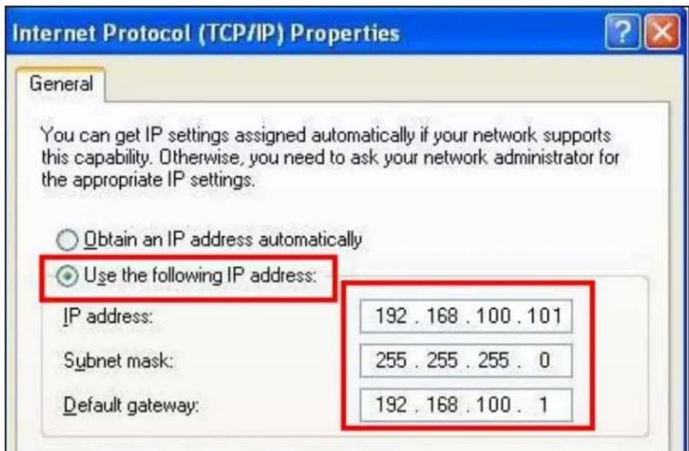 Internet Protocol (TCP/IP) Properties General You can get IP settings assigned automatically if your network supports this capability. Otherwise, you need to ask your network administrator for the appropriate IP settings. Obtain an IP address automatically Use the following IP address: IP address: 192 . 168 . 100 . 101 Subnet mask: 255 . 255 . 255 . 0 Default gateway: 192 . 168 . 100 . 1