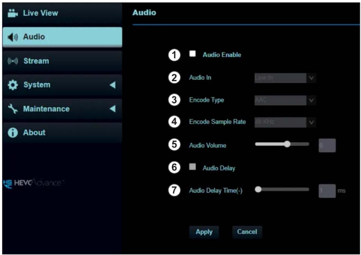 Live View Audio Stream System Maintenance About Audio 1 Audio Enable 2 Audio In Live In 3 Encode Type AAC 4 Encode Sample Rate 48 kHz 5 Audio Volume 5 6 Audio Delay 7 Audio Delay Time(-) ms Apply Cancel