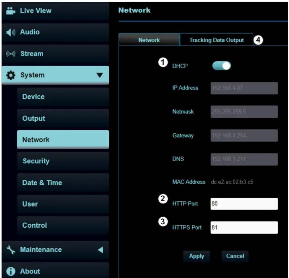 Live View Audio Stream System Device Output Network Security Date & Time User Control Maintenance About Network Tracking Data Output DHCP IP Address 192.168.4.87 Netmask 255.255.255.0 Gateway 192.168.4.254 DNS 192.168.1.211 MAC Address dc:e2:ac:02:b3:c5 HTTP Port 80 HTTPS Port 81 Apply Cancel
