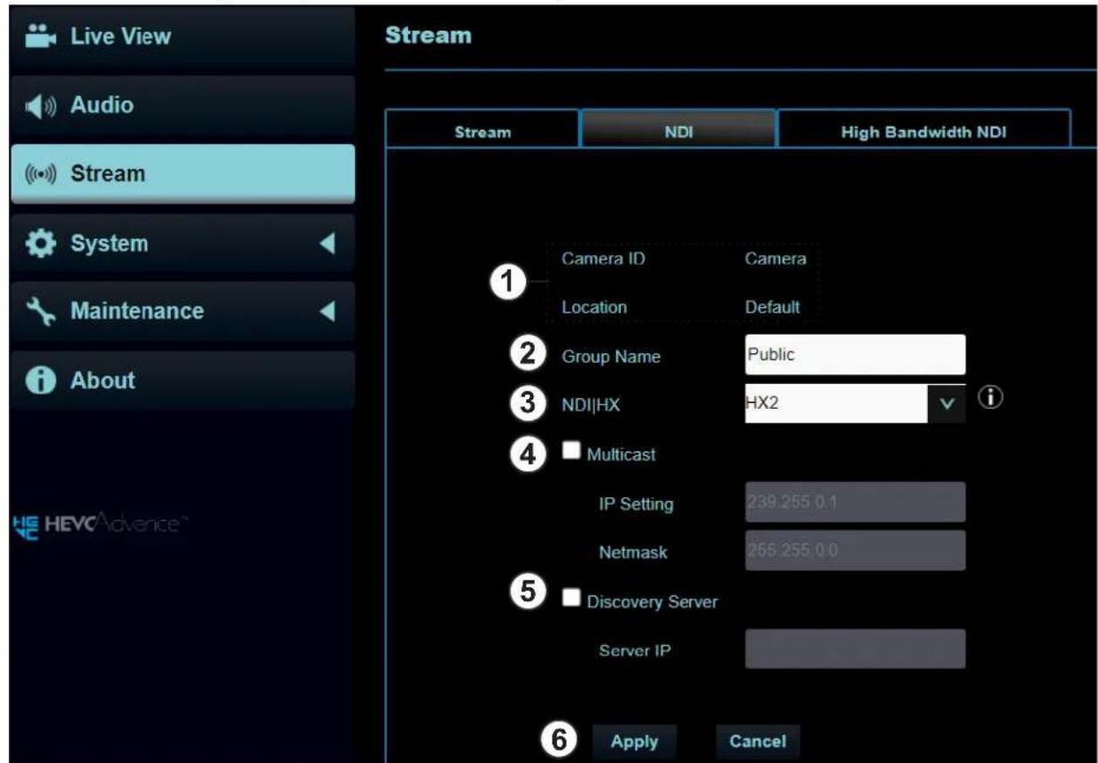 Live View Audio Stream System Maintenance About Stream Stream NDI High Bandwidth NDI Camera ID Location Group Name NDI\HX Multicast IP Setting 239.255 0.1 Netmask 255.255 0.0 Discovery Server Server IP Apply Cancel