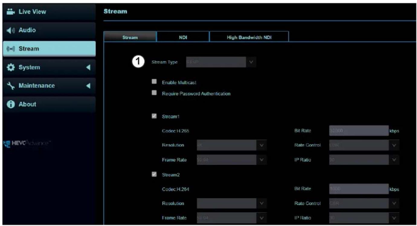 Live View Audio Stream System Maintenance About Stream Stream Type Enable Multicast Require Password Authentication Stream1 Codec H.265 Resolution Frame Rate Stream2 Codec H.264 Resolution Frame Rate High Bandwidth NDI Bit Rate 32000 kbps Rate Control 139K IP Ratio 80 Bit Rate 1000 kbps Rate Control CBR IP Ratio 00