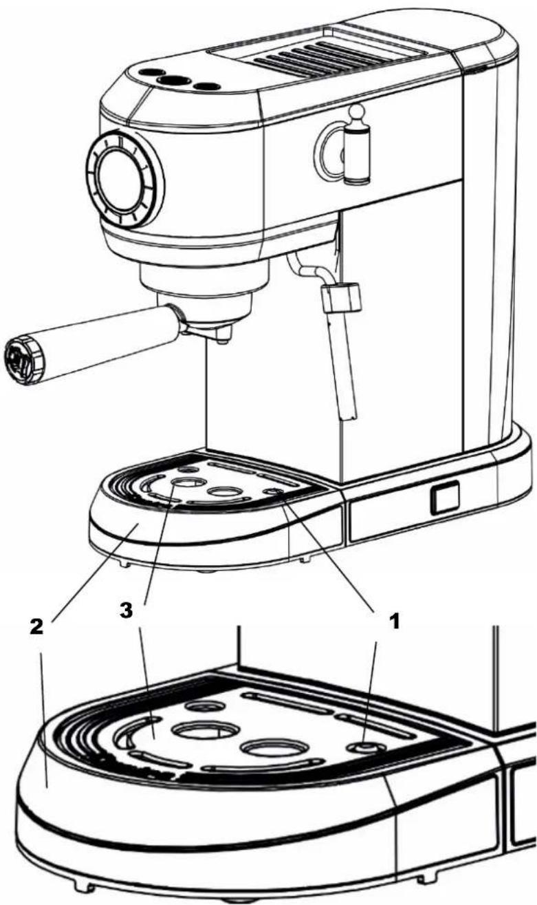 Technical diagram of a coffee maker with labeled parts including handle, base, and top views