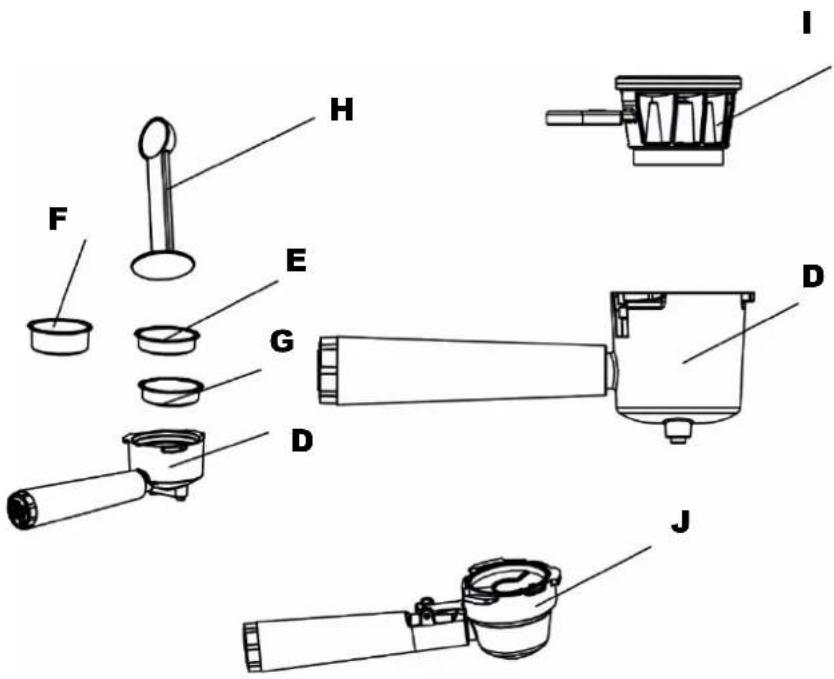 Technical diagram of a mechanical device with labeled parts from I to J, including a brush and lever assembly.