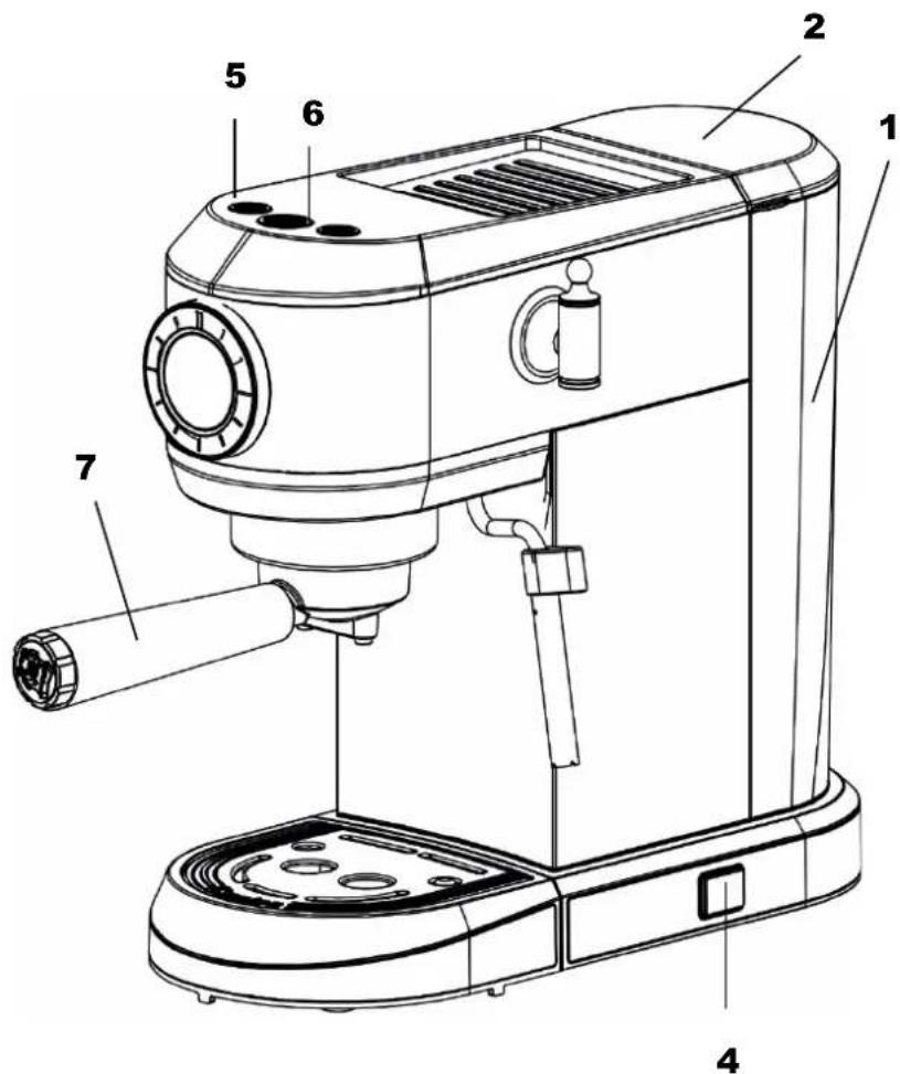 Technical diagram of a coffee maker with numbered parts labeled for identification.