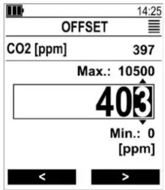 14:25 OFFSET CO2 [ppm] 397 Max.: 10500 403 Min.: 0 [ppm] < >