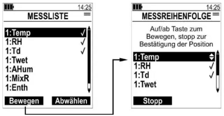 14:25 MESSLISTE 1:Temp ✓ 1:RH ✓ 1:Td ✓ 1:Twet 1:AHum 1:MixR 1:Enth Bewegen Abwählen 14:25 MESSREIHENFOLGE Auf/ab Taste zum Bewegen, stopp zur Bestätigung der Position 1:Temp ✓ 1:RH ✓ 1:Td ✓ 1:Twet Stopp