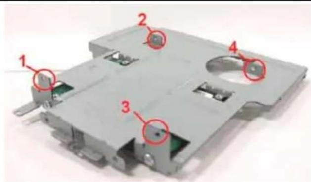 Labeled diagram of a mechanical component with numbered parts and red circles highlighting features