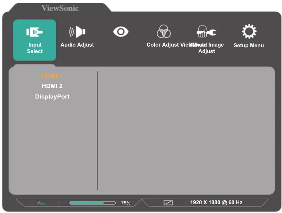ViewSonic Input Select Audio Adjust Color Adjust View Mural Image Adjust Setup Menu HDMI 1 HDMI 2 DisplayPort 75% 1920 X 1080 @ 60 Hz