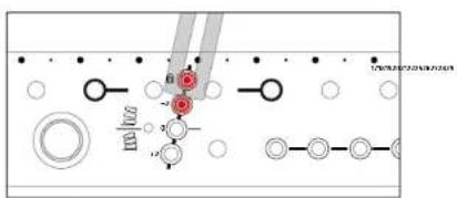 Diagram showing mechanical or electrical components with labeled parts and directional arrows, including a red circular component with 'R' and 'R' annotations.