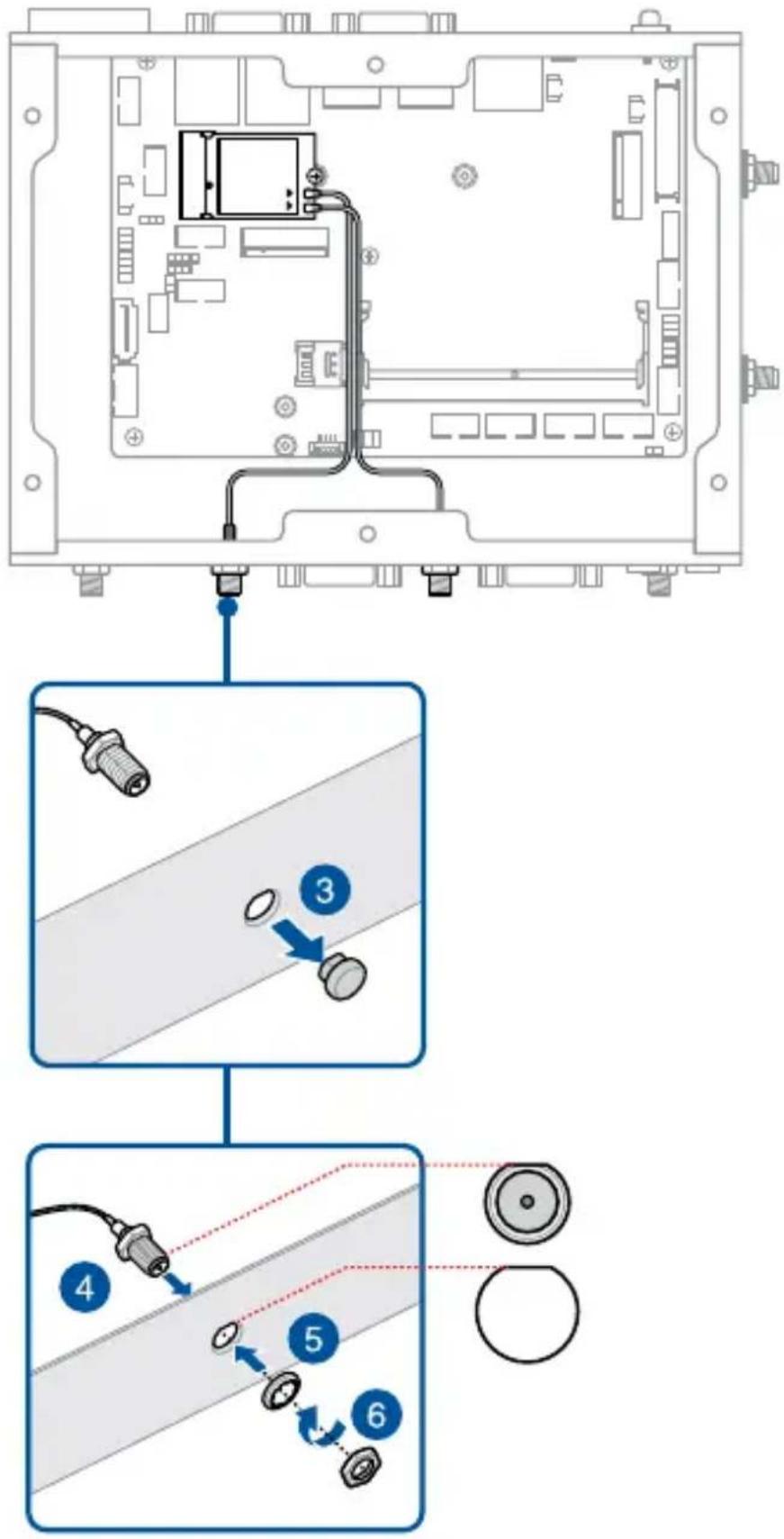 Diagram showing cable installation steps with numbered components and connection instructions