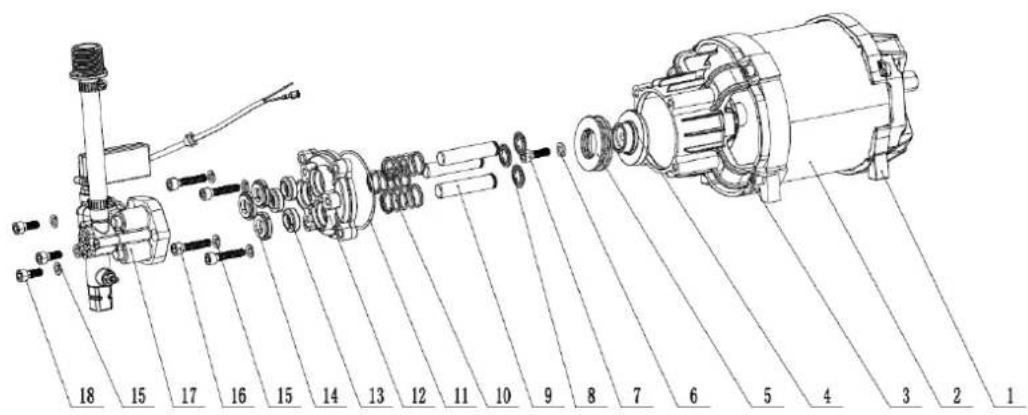 Technical diagram of an electric motor assembly with numbered parts for identification