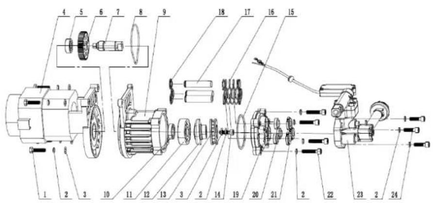 Exploded view diagram of an electric motor assembly with numbered components for identification