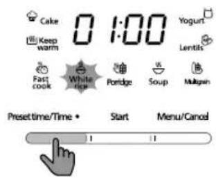 Cake Keep warm 0 1:00 Yogurt Lentils Fast cook White rice Portedge Soup Mulligan Presettime/Time • Start Menu/Cancel