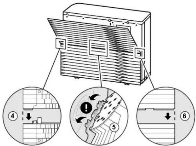 Diagram illustrating airflow or ventilation process with labeled steps 4, 5, and 6 showing structural changes in a building facade.