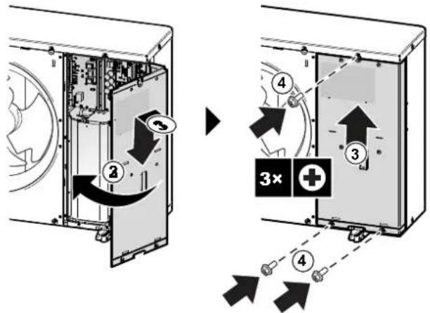 Diagram illustrating device mounting process with numbered steps and directional arrows indicating assembly or repair.