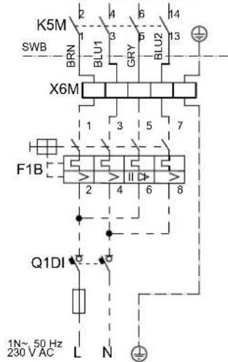 K5M SWB BRN X6M 1 2 3 4 5 6 7 BLU1 GRY BLU2 F1B 2 4 6 8 Q1DI 1N~ 50 Hz 230 V AC L N ⊕