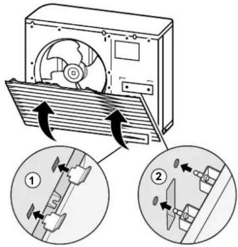 Diagram illustrating the installation of an air conditioner unit with labeled components and directional arrows indicating assembly or repair.