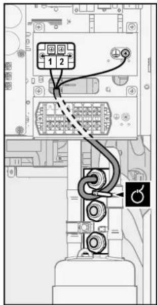 Diagram showing cable routing between a computer interface with numbered ports and a close-up of the cable with a lock icon.