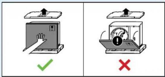 Diagram illustrating two methods of removing a device: one with up/down arrows and checkmark, the other with warning symbol and red X.