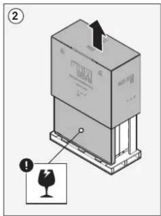 Diagram of a device with a warning sign and a wine glass, labeled with number ②