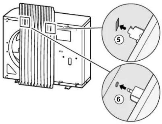 Technical diagram showing a device with labeled parts and two circular insets illustrating the process of cutting or disassembly steps.