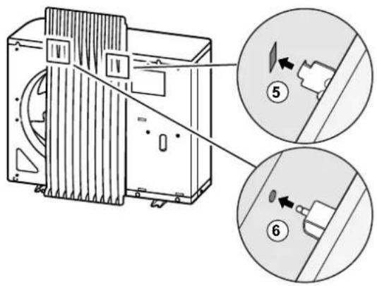 Technical diagram showing a device with labeled parts and two circular insets illustrating the process of cutting or disassembly.