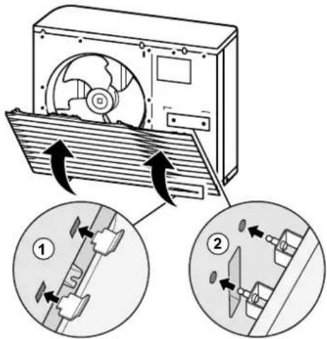 Diagram illustrating airflow or ventilation process of an air conditioner unit, showing two views with labeled components and directional arrows.