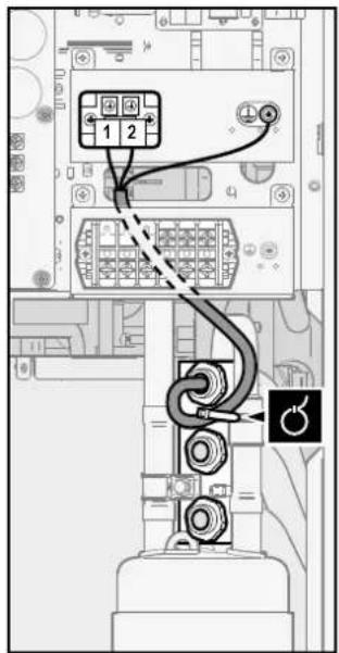 Diagram of an electronic device showing connections between ports and a keypad, with labeled pins and a close-up icon.