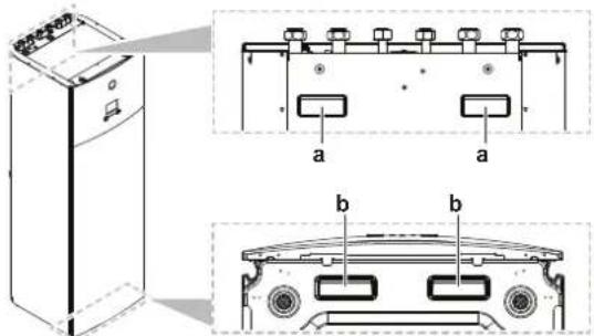 Technical diagram of a refrigerator with labeled components and cross-sectional views