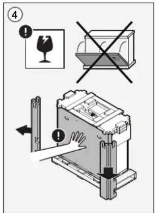 Diagram illustrating a device with warning symbols and labeled components, including a glass bottle and a microwave oven.
