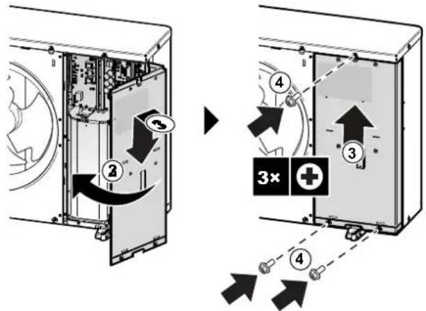 Diagram illustrating device mounting process with numbered steps and directional arrows indicating assembly or repair.