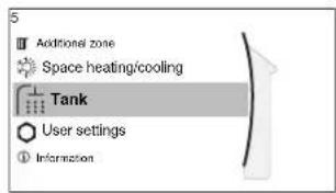 S Additional zone Space heating/cooling Tank User settings Information