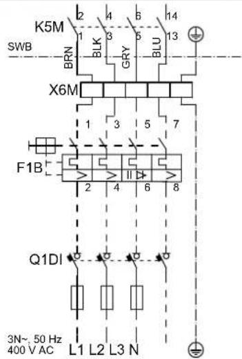 K5M SWB BRN X6M 1 2 3 4 5 6 7 BLK GRY BLU F1B 2 4 6 8 Q1DI 3N~ 50 Hz 400 V AC L1 L2 L3 N