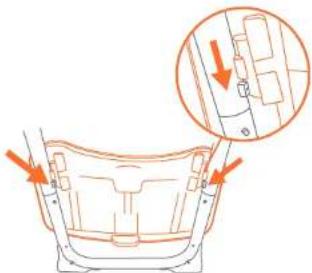 Diagram showing a car seat assembly with directional arrows indicating parts of the seat and body parts.