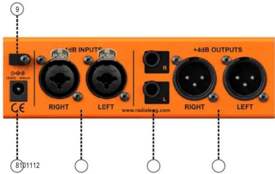 9 15VDC 400mA CE +4dB INPUTS PUSH RIGHT LEFT www.radialeg.com +4dB OUTPUTS R L RIGHT LEFT 8101112