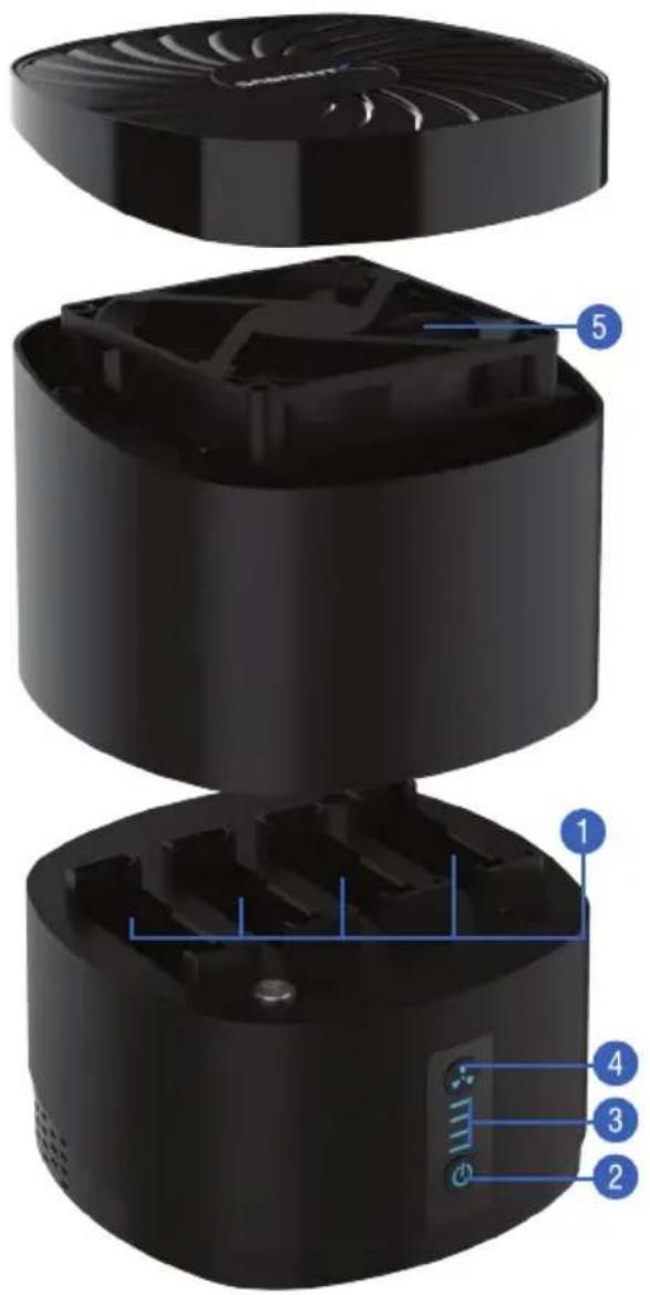 Exploded view diagram of a device showing internal components with numbered labels from 1 to 5.