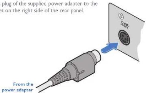 plug of the supplied power adapter to the set on the right side of the rear panel. From the power adapter