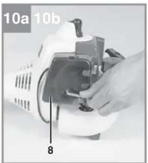 Close-up of a hand operating a small electronic device with labeled parts (8), no readable text or symbols beyond labels