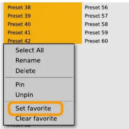 Preset 38 Preset 39 Preset 40 Preset 41 Preset 42 Select All Rename Delete Pin Unpin Set favorite Clear favorite Preset 56 Preset 57 Preset 58 Preset 59 Preset 60