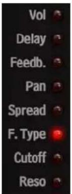 Vol Delay Feedb. Pan Spread F. Type Cutoff Reso