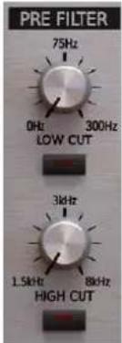 PRE FILTER 75Hz 0Hz 300Hz LOW CUT 3kHz 1.5kHz 8kHz HIGH CUT